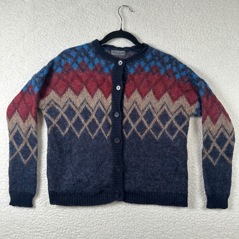 Elsamanda Cardigan Italian Mohair Alpaca Fair Isle Knit Womens L Cozy Nordic